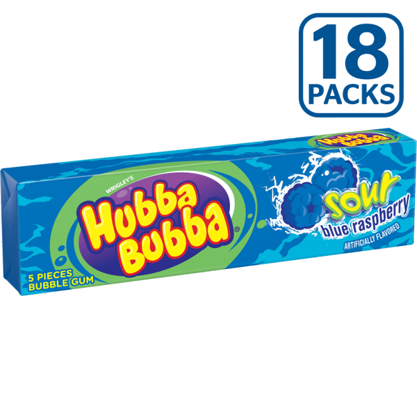 Hubba Bubba Sour Blue Raspberry Bubble Gum, 5 Piece (18 Packs)